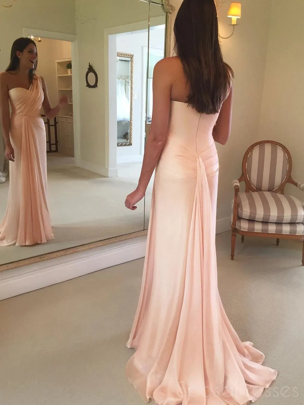 2018 Blush Pink One Shoulder Mermaid Chiffon Custom Long Evening Prom Dresses, 17365