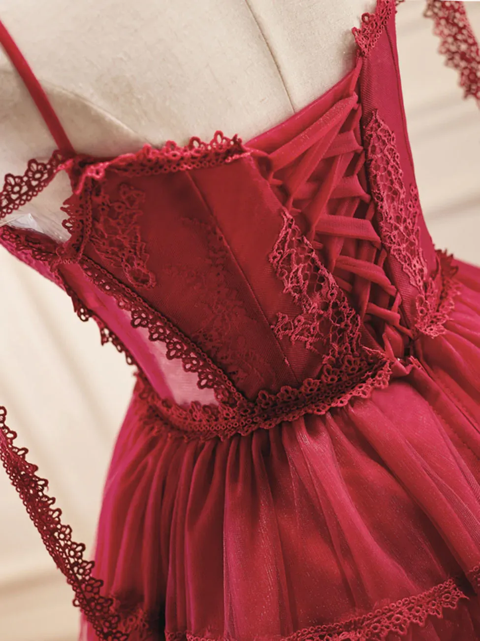 A Line Burgundy Lace Short Prom Dress, Burgundy Homecoming Dresses