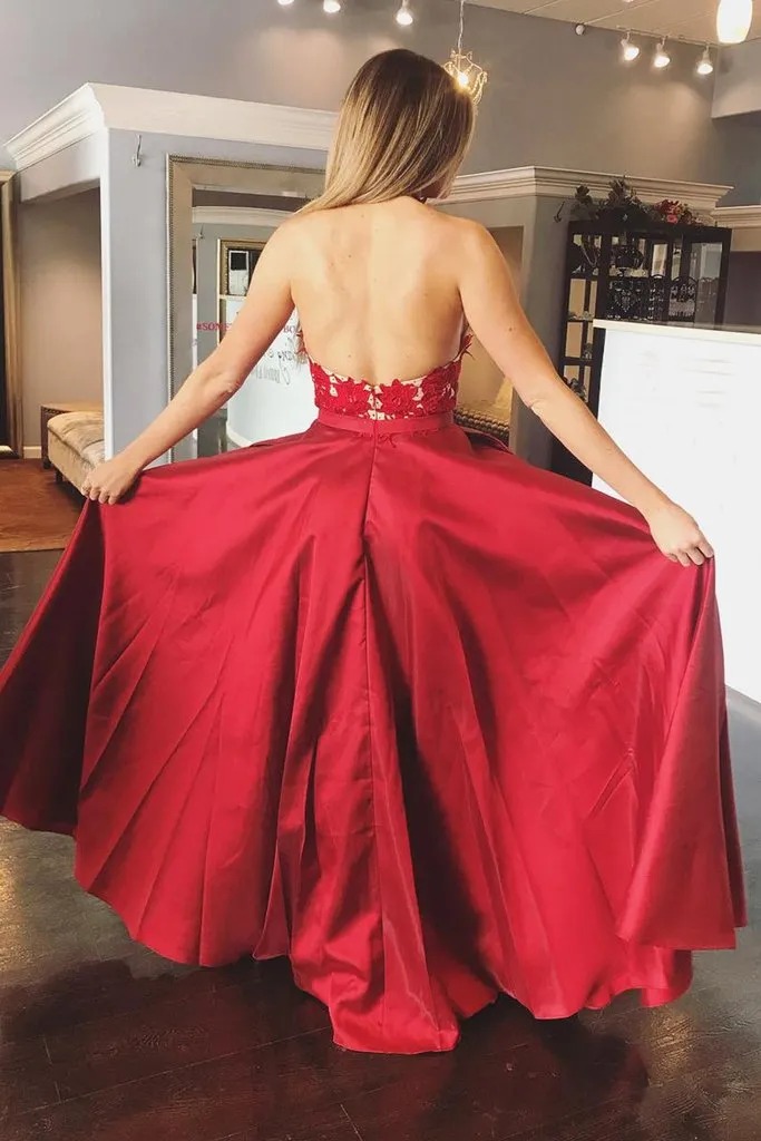 A Line Halter V Neck Backless Lace Appliques Red Formal Evening Dresses