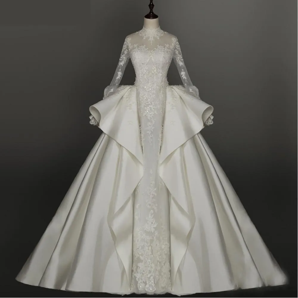 A-Line High Neck Long Sleeves Lace Appliques Floor Length Satin Wedding Dresses