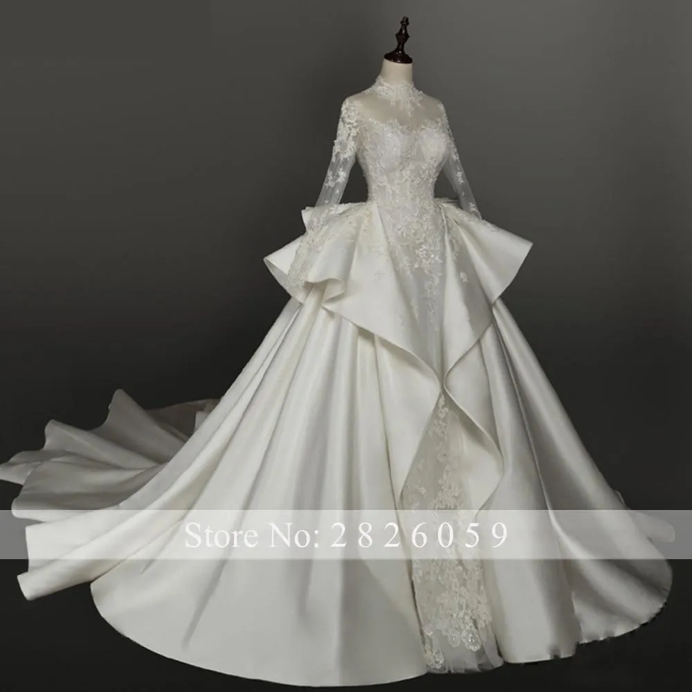 A-Line High Neck Long Sleeves Lace Appliques Floor Length Satin Wedding Dresses