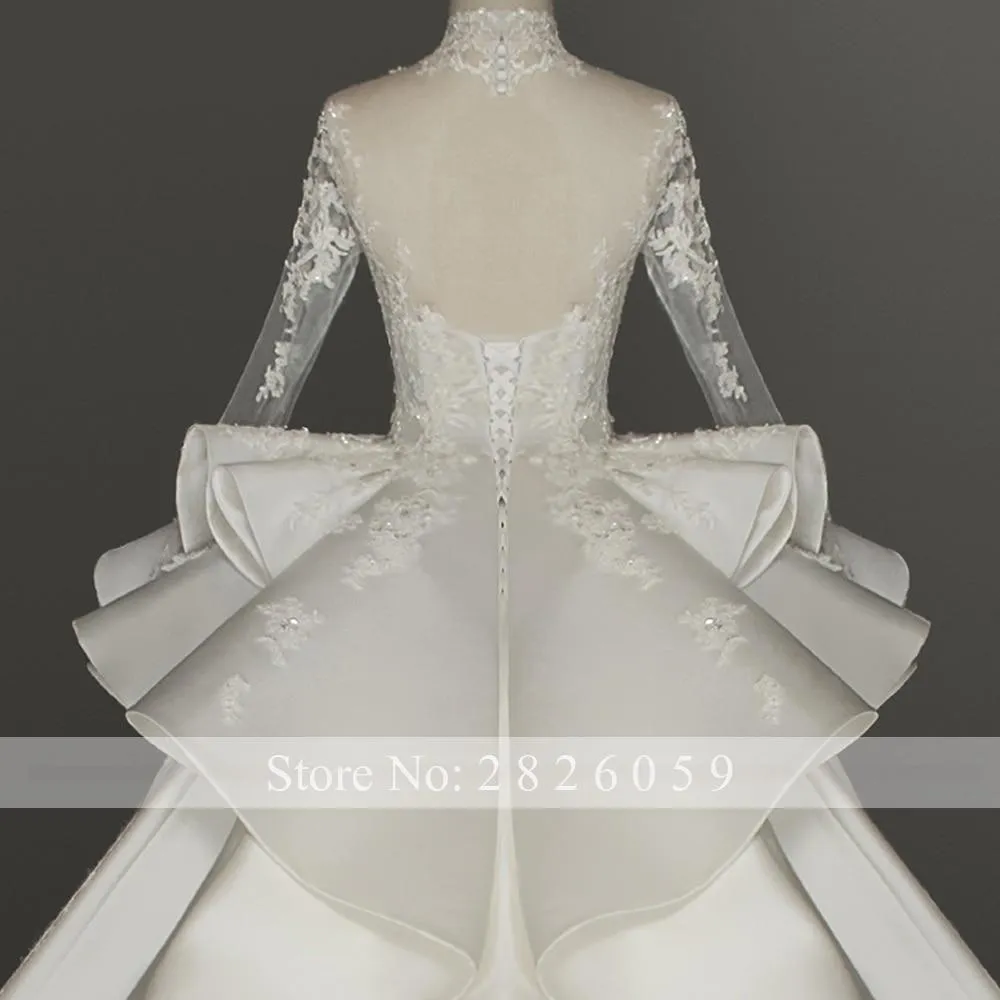 A-Line High Neck Long Sleeves Lace Appliques Floor Length Satin Wedding Dresses