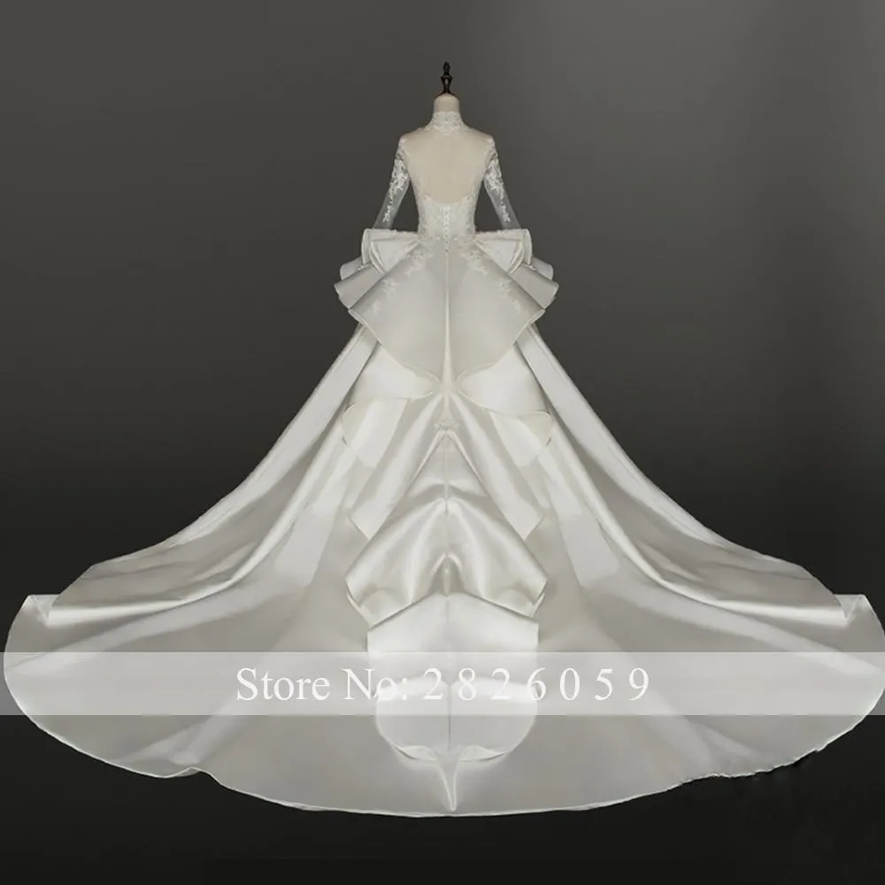 A-Line High Neck Long Sleeves Lace Appliques Floor Length Satin Wedding Dresses