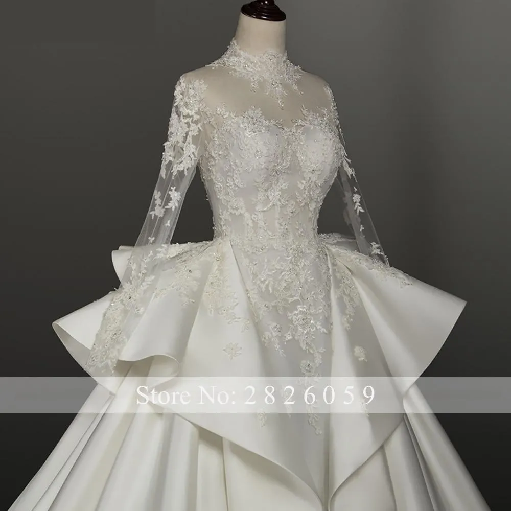 A-Line High Neck Long Sleeves Lace Appliques Floor Length Satin Wedding Dresses