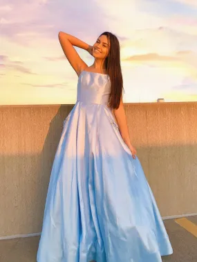 A Line Light Blue Backless Prom Dresses with Beaded Pockets, Light Blue Backless Beaded Formal Evening Graduation Dresses