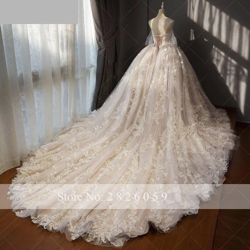 A Line Long Bridal Gown Wedding Dresses with Off Shoulder and Lace Appliques