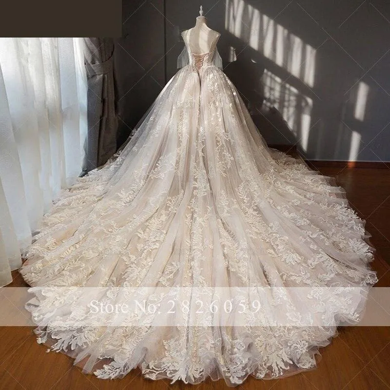 A Line Long Bridal Gown Wedding Dresses with Off Shoulder and Lace Appliques