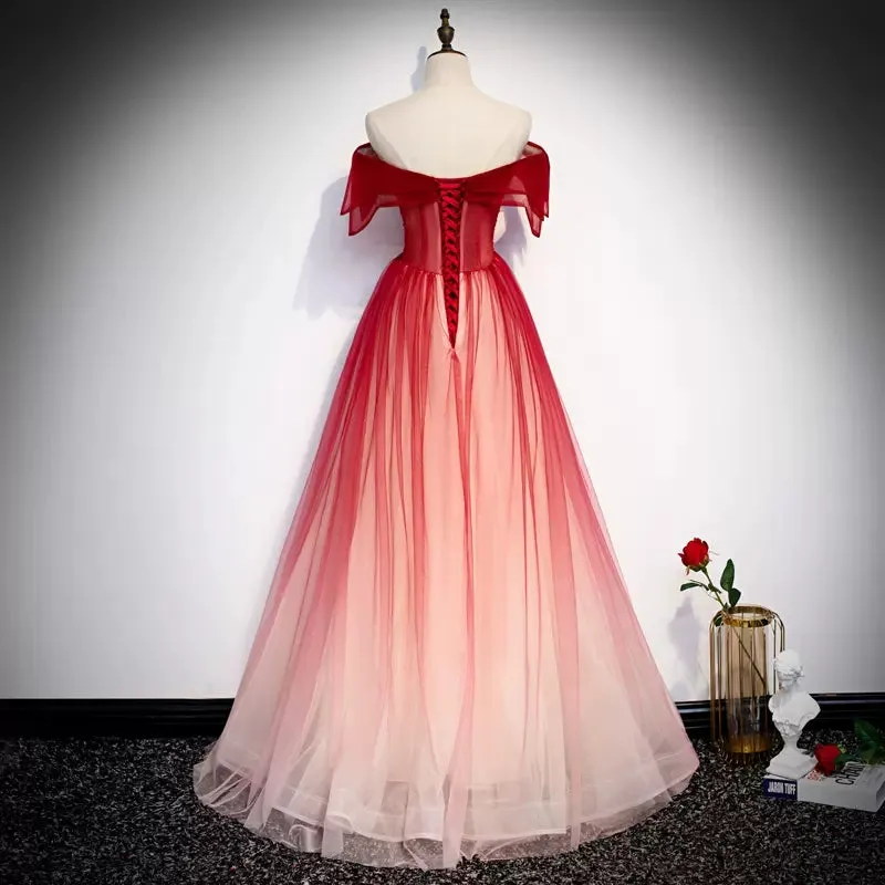 A line Off The Shoulder Tulle Red Prom Dresses Sexy Evening Dress SH112