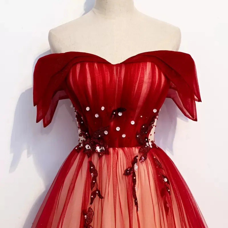 A line Off The Shoulder Tulle Red Prom Dresses Sexy Evening Dress SH112