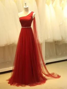 A-Line Red One Shoulder Prom Dress, Long Pleated Tulle Formal Dresses