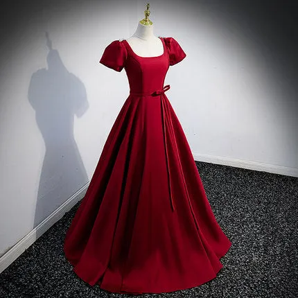 A line Red Short Sleeves Long Prom Dresses SH050