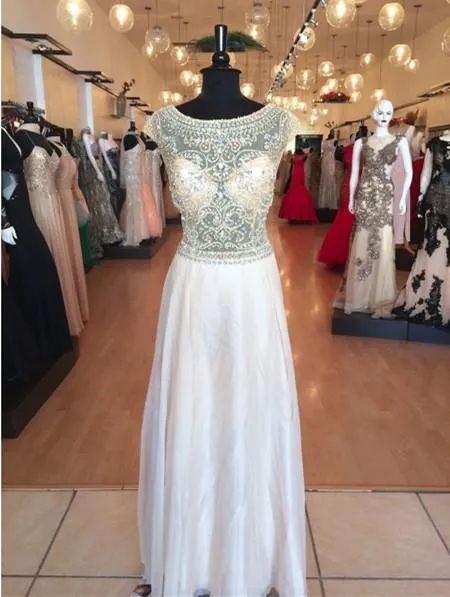 A Line Round Neck Cap Sleeves Floor Length Prom Dress, Cap Sleeves Formal Dresses