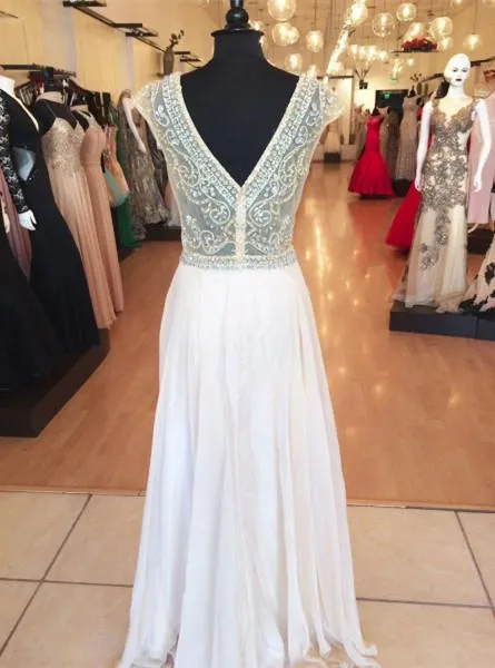 A Line Round Neck Cap Sleeves Floor Length Prom Dress, Cap Sleeves Formal Dresses