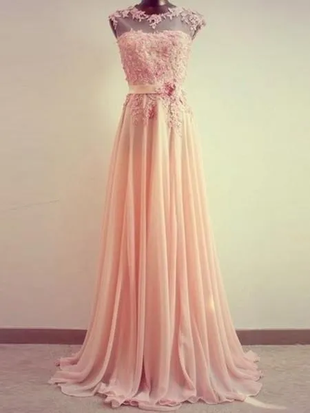 A-Line Round Neck Sweep Train Lace  Pink Prom Dress, Formal Dresses, Lace Bridesmaid Dress