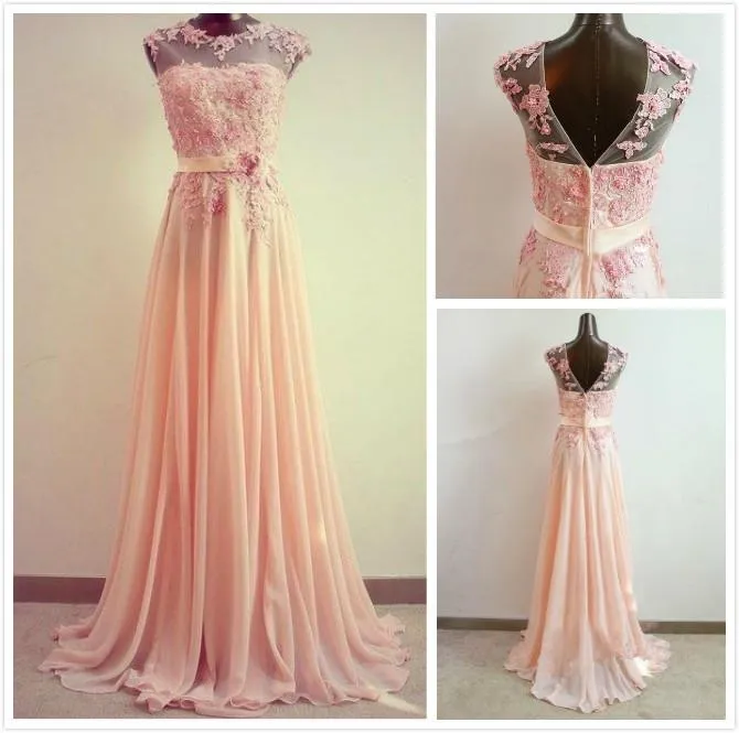 A-Line Round Neck Sweep Train Lace  Pink Prom Dress, Formal Dresses, Lace Bridesmaid Dress