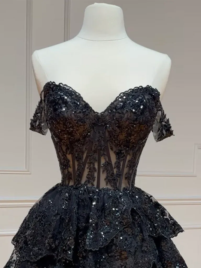 A Line Sequin Black Tulle Short Prom Dresses, Black Lace Tulle Short Formal Evening Homecoming Dresses