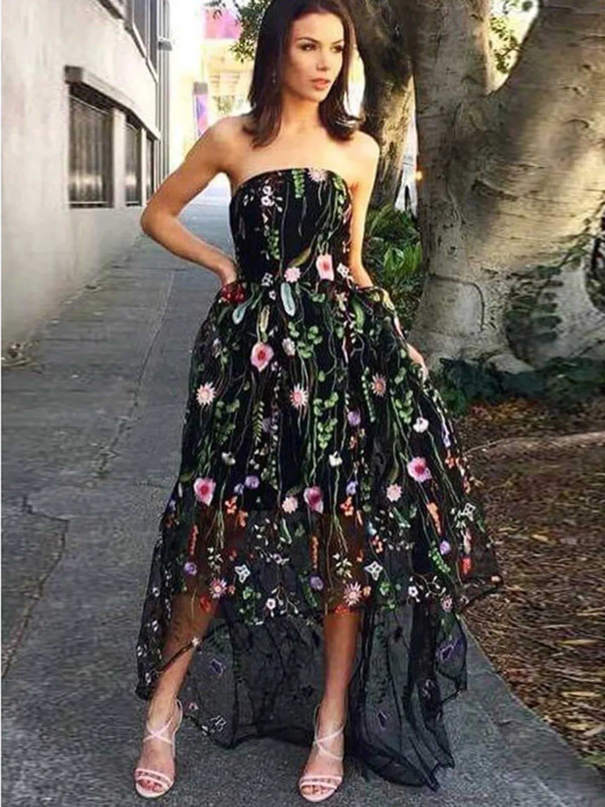 A Line Strapless Lace High Low Black Appliques Prom Dresses, Lace Black High Low Appliques Formal Evening Dresses