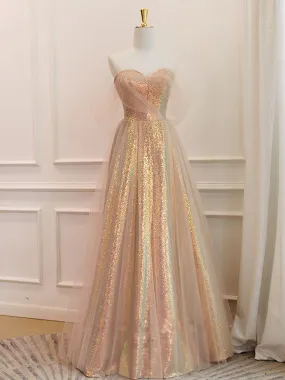 A Line Sweetheart Neck Gold Tulle Sequin Long Prom Dresses, Gold SequinTulle Formal Evening Dresses