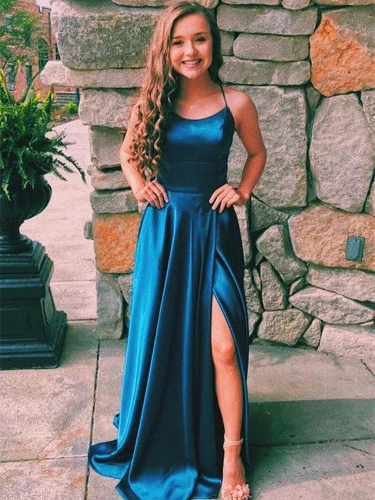 Teal Blue Satin Prom Dress with High Slit and Formal Evening Gown for Graduation