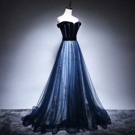 A Line Tulle Prom Dresses Navy Blue Evening Dress SH070