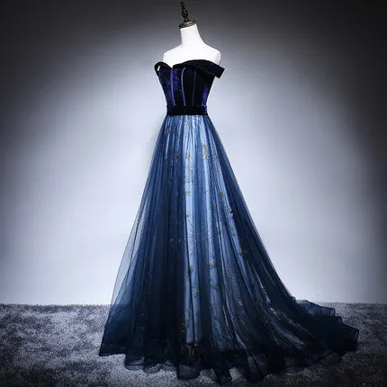 A Line Tulle Prom Dresses Navy Blue Evening Dress SH070