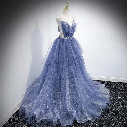 A Line Tulle Prom Dresses Straps Blue Evening Dress SH069