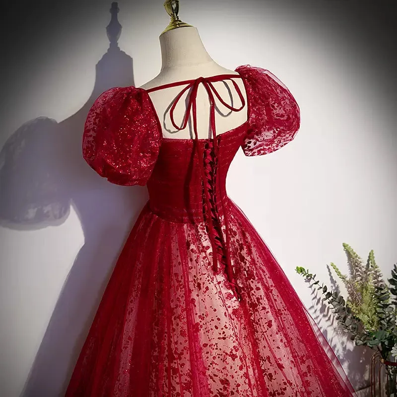 A line Tulle Red Prom Dresses Sexy Prom Dress SH111