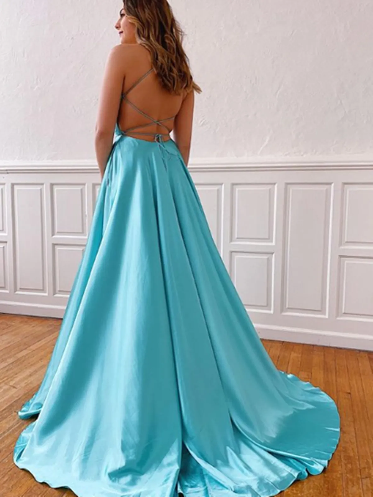 A Line V Neck Blue Backless Satin Long Prom Dresses With Leg Slit,  V Neck Blue Backless Satin Long Formal Evening Dresses