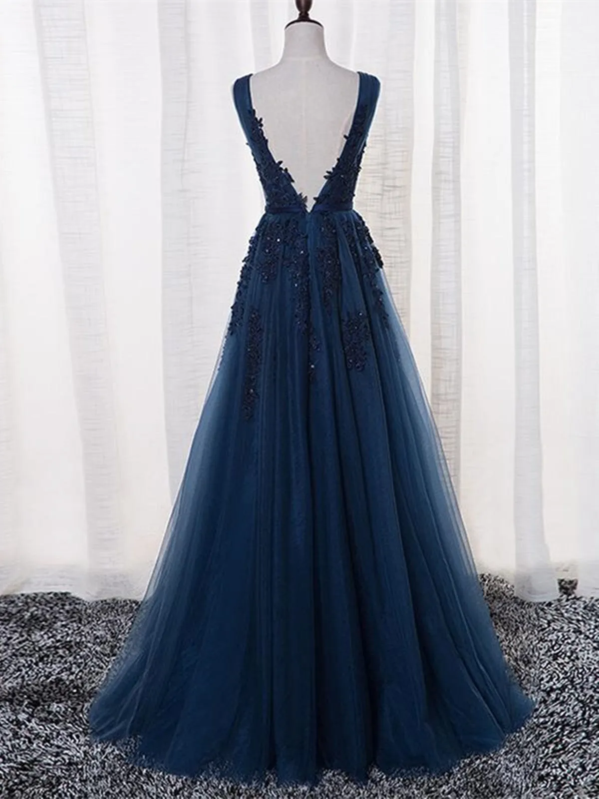 A Line V neck Lace Beaded Long Tulle Prom Dresses,  Lace Beaded Formal Evening Dress