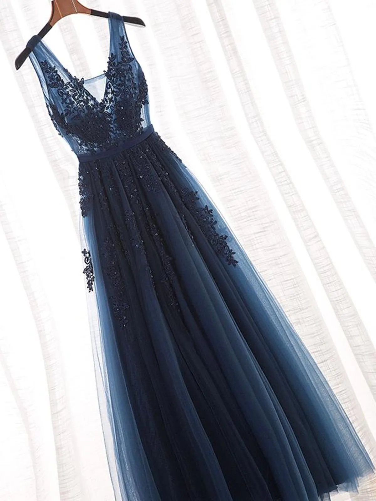 A Line V neck Lace Beaded Long Tulle Prom Dresses,  Lace Beaded Formal Evening Dress