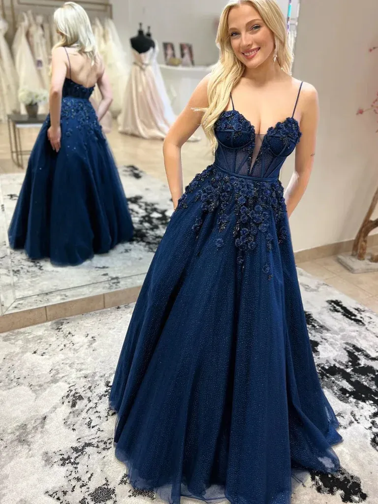 A Line V Neck Open Back Navy Blue Floral Long Prom Dresses, Navy Blue Open Back Long Formal Evening Dresses with 3D Flowers