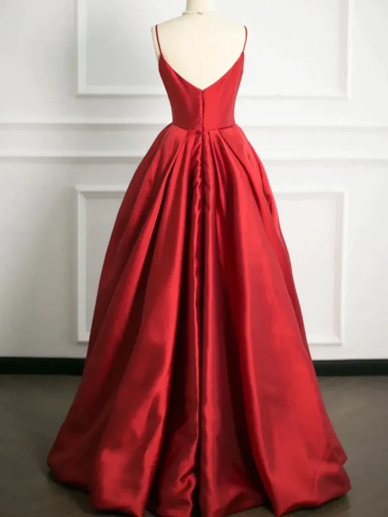 A Line V Neck Open Back Red Satin Long Prom Dresses, V Neck Backless Red Satin Long  Formal Graduation Evening Dresses