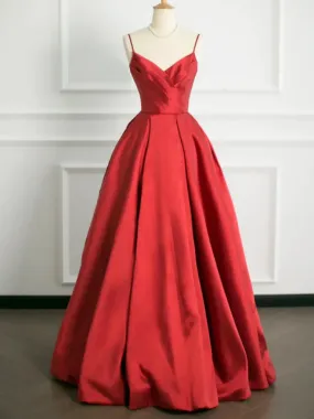 A Line V Neck Open Back Red Satin Long Prom Dresses, V Neck Backless Red Satin Long  Formal Graduation Evening Dresses