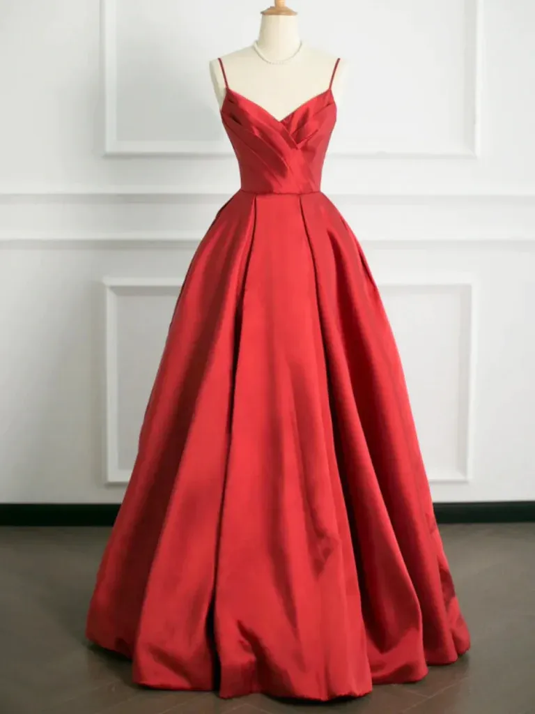 A Line V Neck Open Back Red Satin Long Prom Dresses, V Neck Backless Red Satin Long  Formal Graduation Evening Dresses