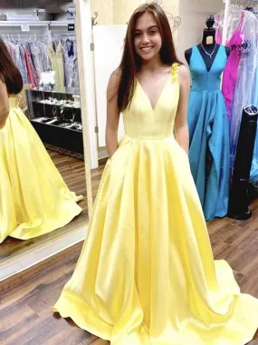 A Line V Neck Satin Yellow Long Prom Dresses, V Neck Yellow Formal Evening Graduation Dresses