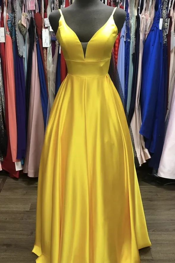 A Line V Neck Yellow Satin Long Prom Dresses, A Line V Neck Yellow Satin Long Formal Evening Dresses