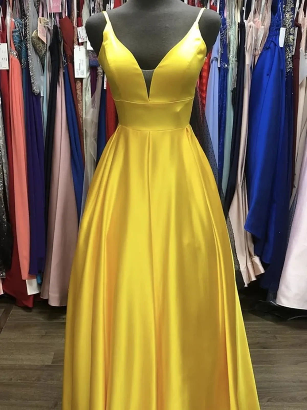 A Line V Neck Yellow Satin Long Prom Dresses, A Line V Neck Yellow Satin Long Formal Evening Dresses