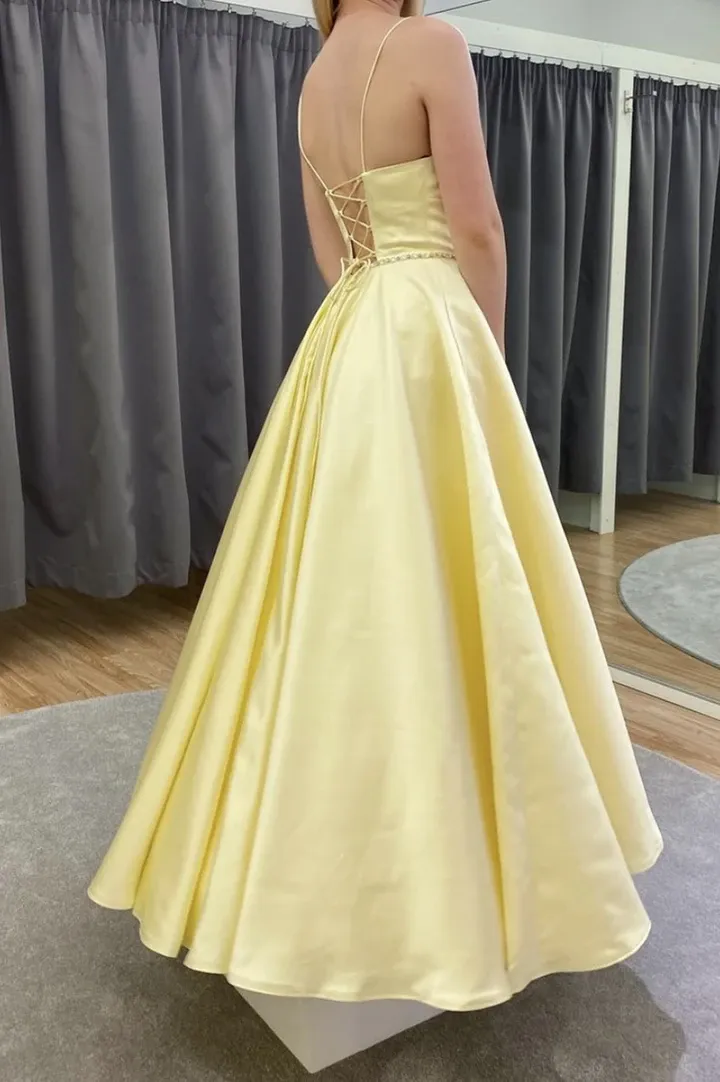 A Line V Neck Yellow Satin Long Prom Dresses, A Line V Neck Yellow Satin Long Formal Evening Dresses