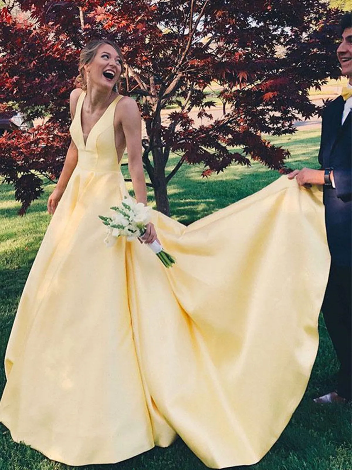 A Line V Neck Yellow Satin Long Prom Dresses, V Neck Backless Yellow Wedding Dresses, Formal Dresses