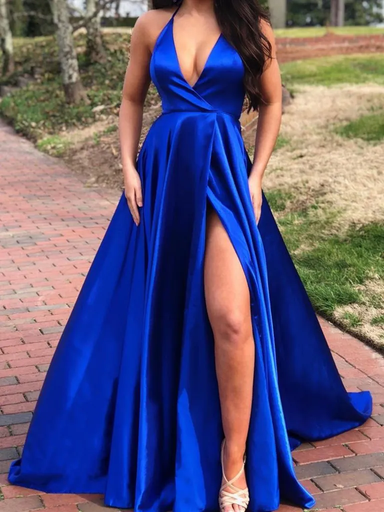 A Line V Neck Yellow/Royal Blue Prom Dress with High Leg Slit, Yellow/Royal Blue Slit Formal Graduation Evening Dresses