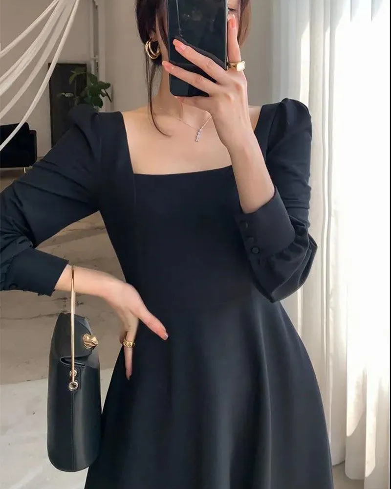 All Black Slim Puff Long Sleeve Square Neck A Line Midi Dresses That Hide Belly