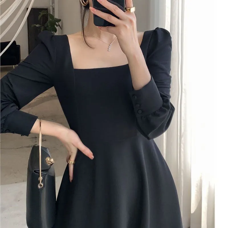 All Black Slim Puff Long Sleeve Square Neck A Line Midi Dresses That Hide Belly