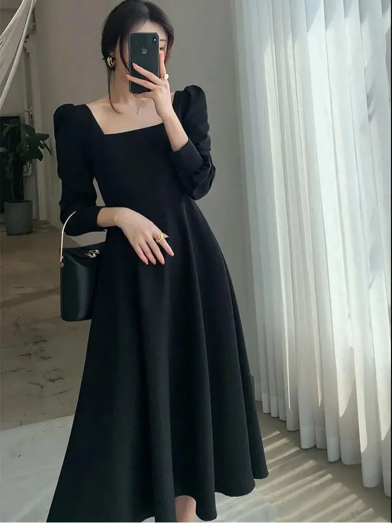 All Black Slim Puff Long Sleeve Square Neck A Line Midi Dresses That Hide Belly