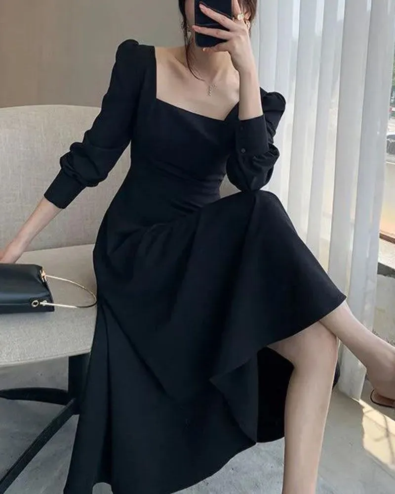 All Black Slim Puff Long Sleeve Square Neck A Line Midi Dresses That Hide Belly