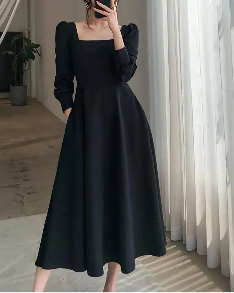 All Black Slim Puff Long Sleeve Square Neck A Line Midi Dresses That Hide Belly