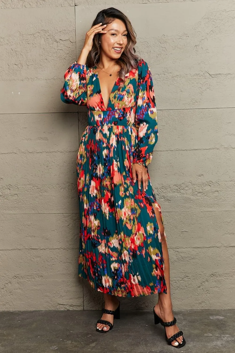 Amelia Printed Deep V Slit Pleated Maxi Dress