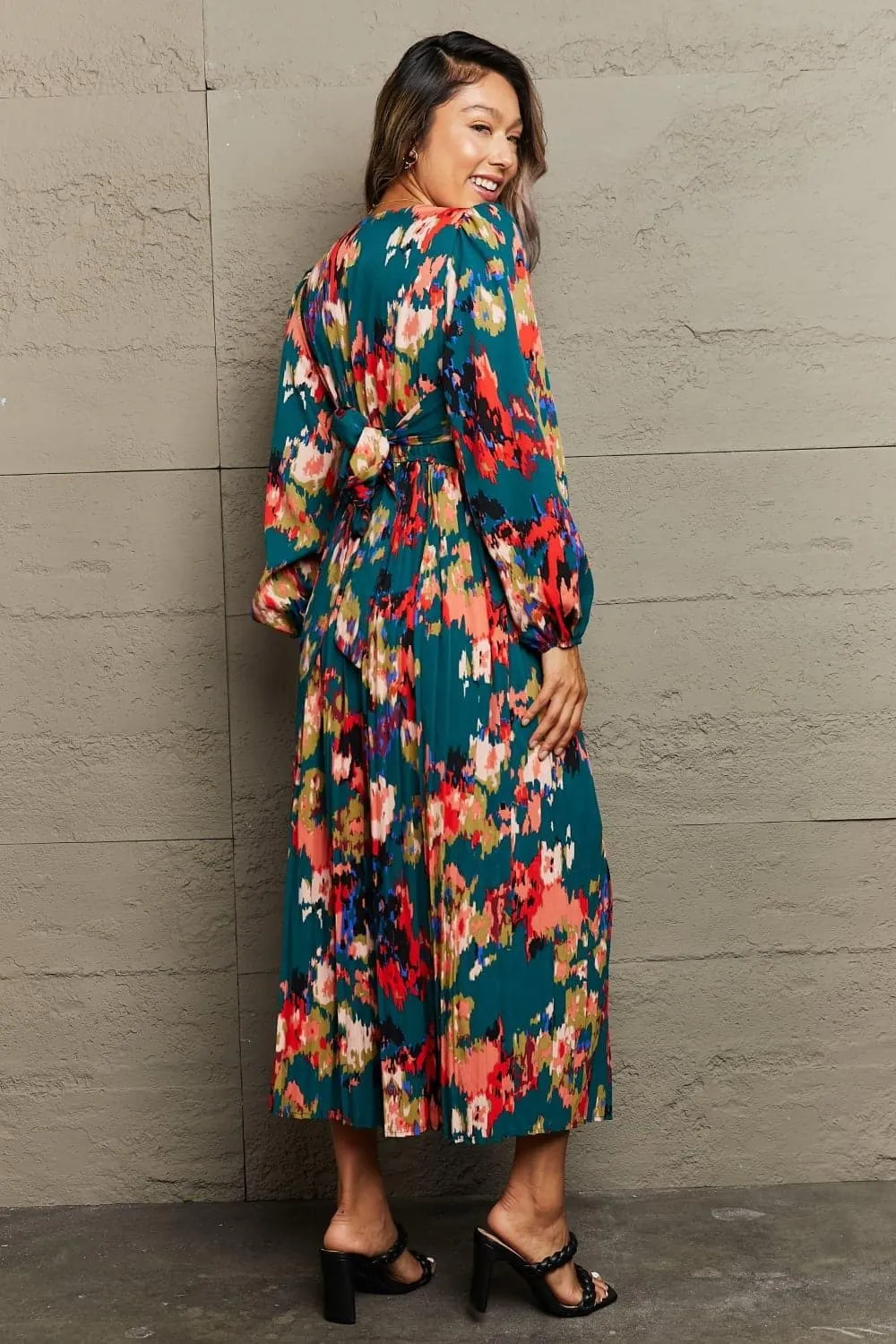 Amelia Printed Deep V Slit Pleated Maxi Dress