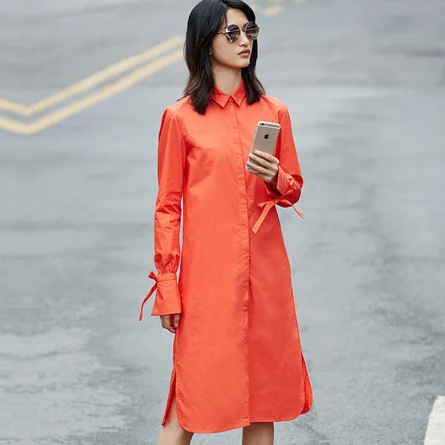 Amii Casual Minimalist Women Dress 2018 Solid Turn-down Collar Straps Long Sleeve Dresses