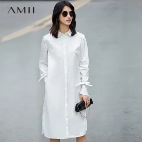 Amii Casual Minimalist Women Dress 2018 Solid Turn-down Collar Straps Long Sleeve Dresses