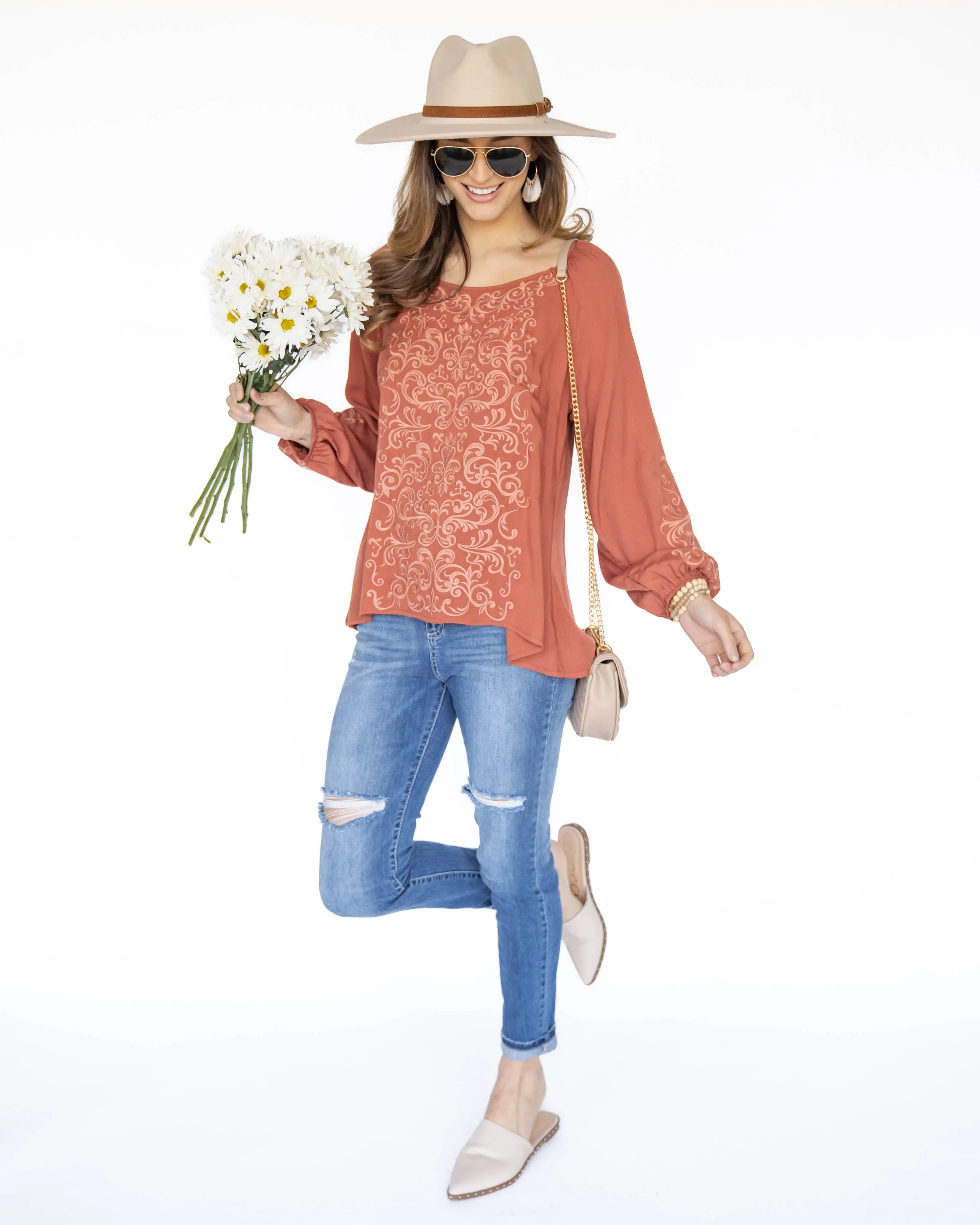 Angela Embroidered Blouse - Rust